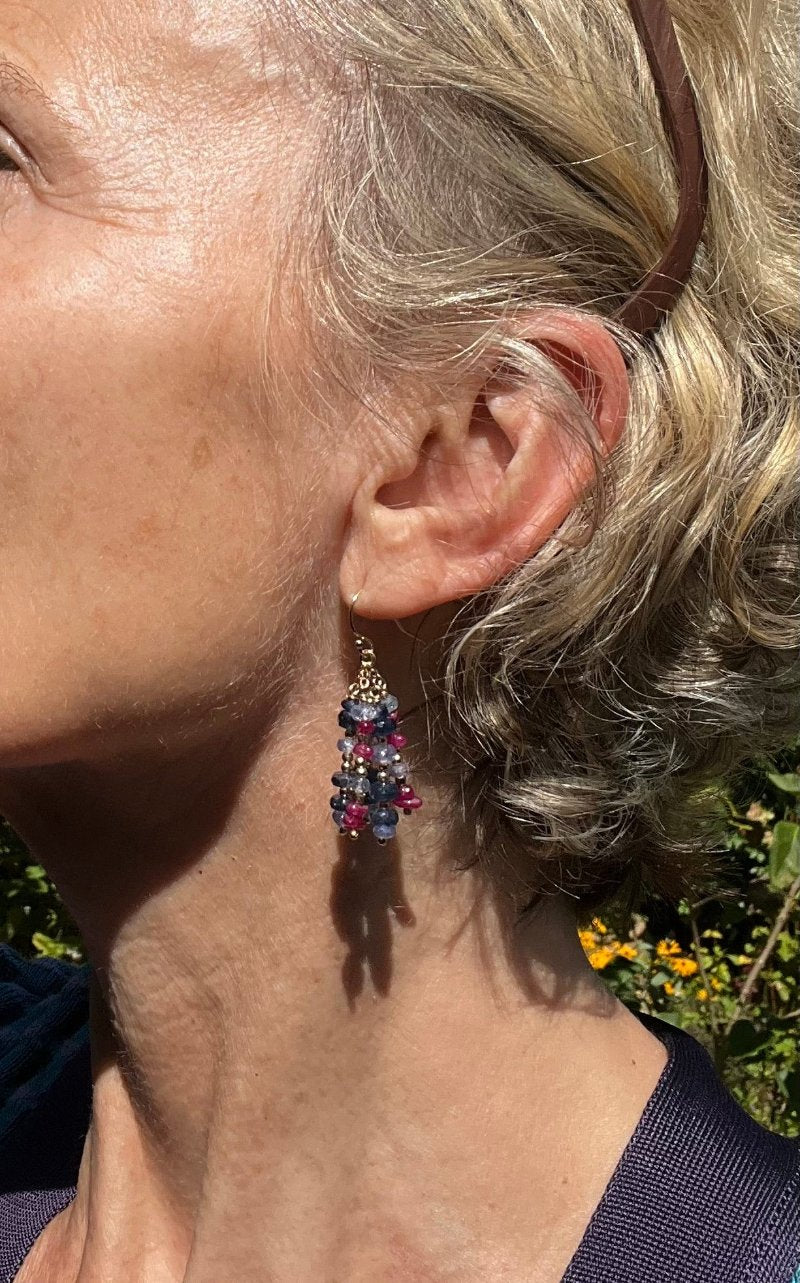 AVA Tanzanite, Kyanite and Ruby Gold Cluster Earrings - Jitterbug Jewellery