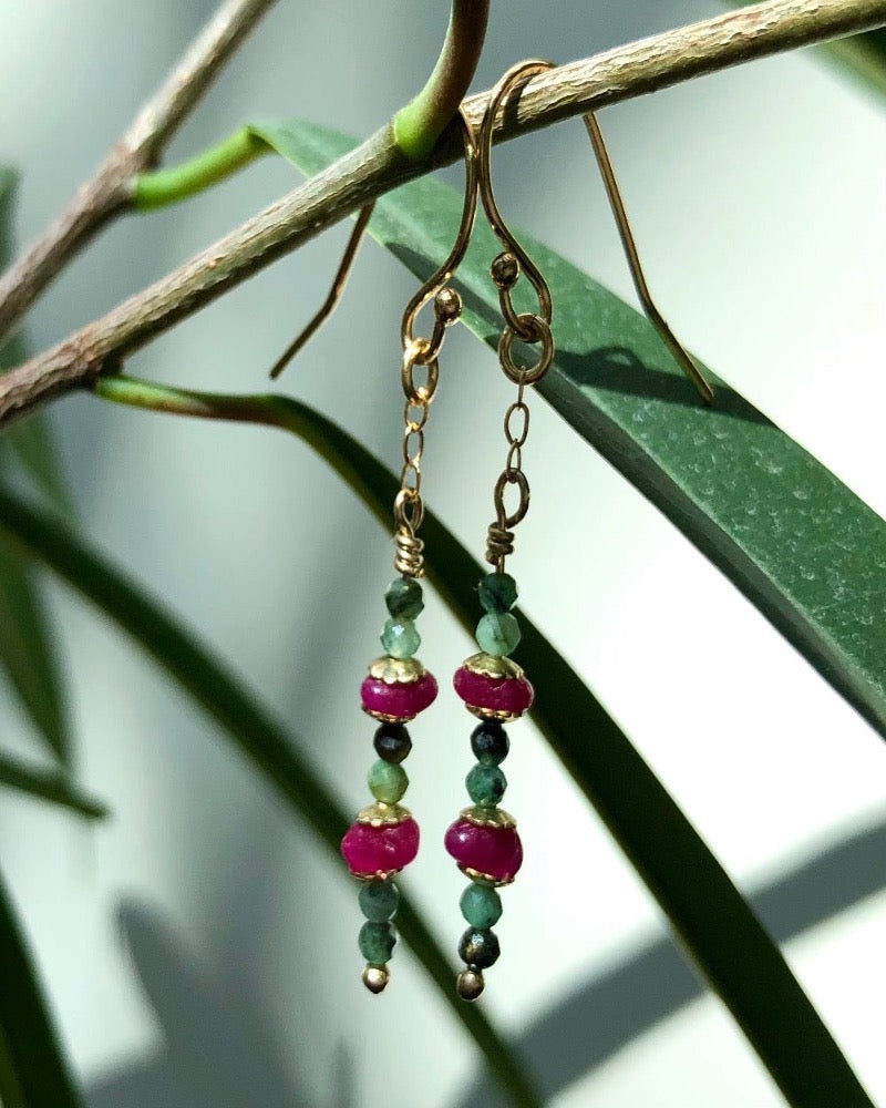 ANYA Emerald and Ruby Gold Earrings  - Jitterbug Jewellery