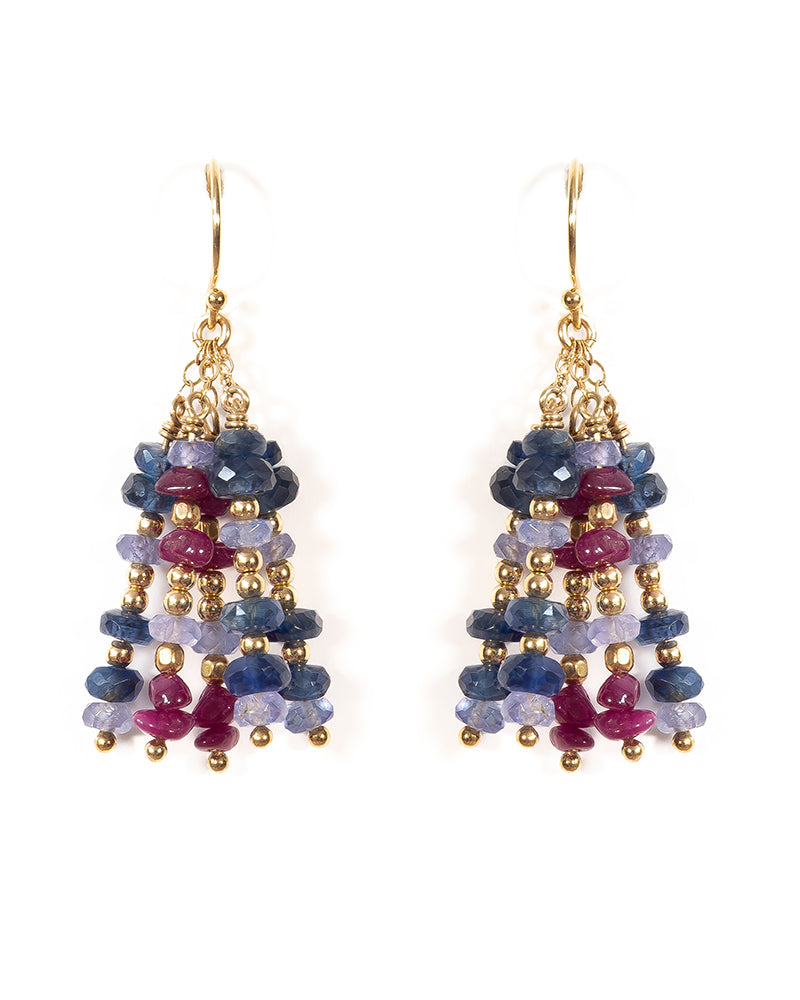 AVA Tanzanite, Kyanite and Ruby Gold Cluster Earrings - Jitterbug Jewellery